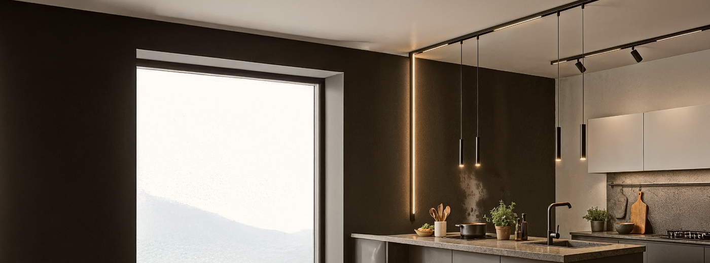 Modern kitchen interior with dark walls, track lights, spotlights, and a view of mountains.