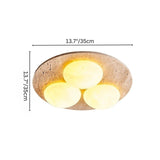 "Ceiling lamp measurements, circular travertine base, opal glass globes, compact and functional design"