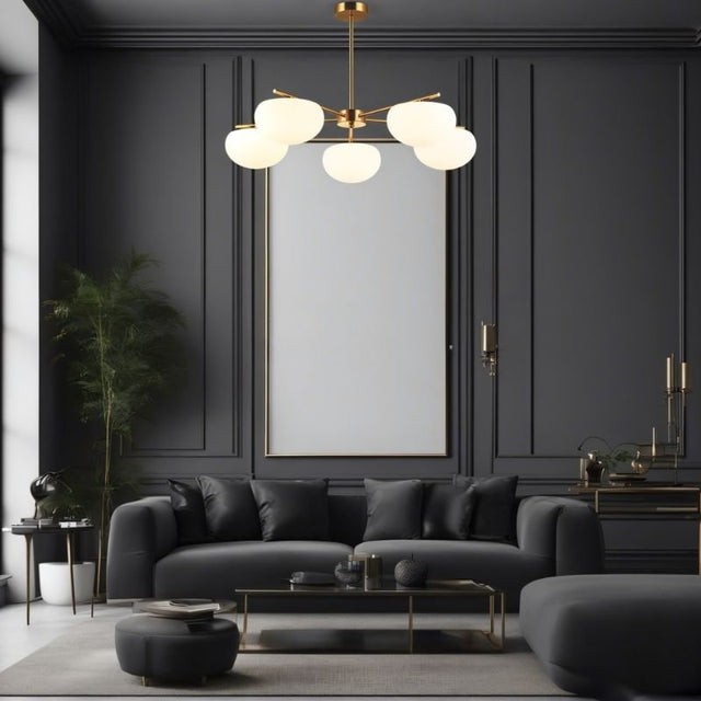 "Golden pendant lamp with spherical glass shades, enhancing a modern dark-themed living room."