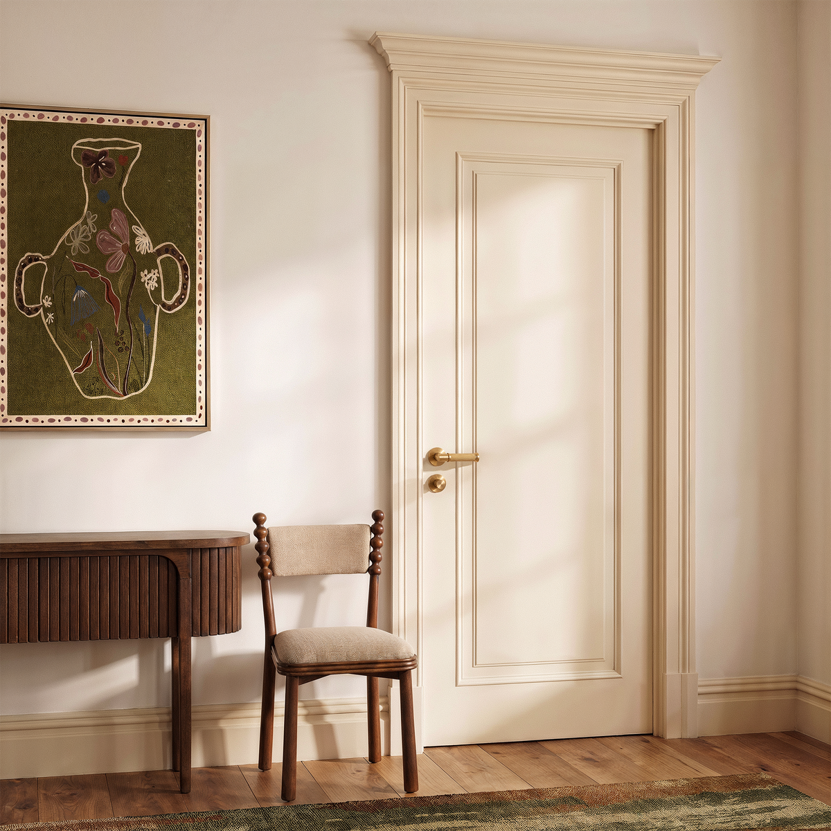 Vestige Door Handle in Satin Brass, styled interior