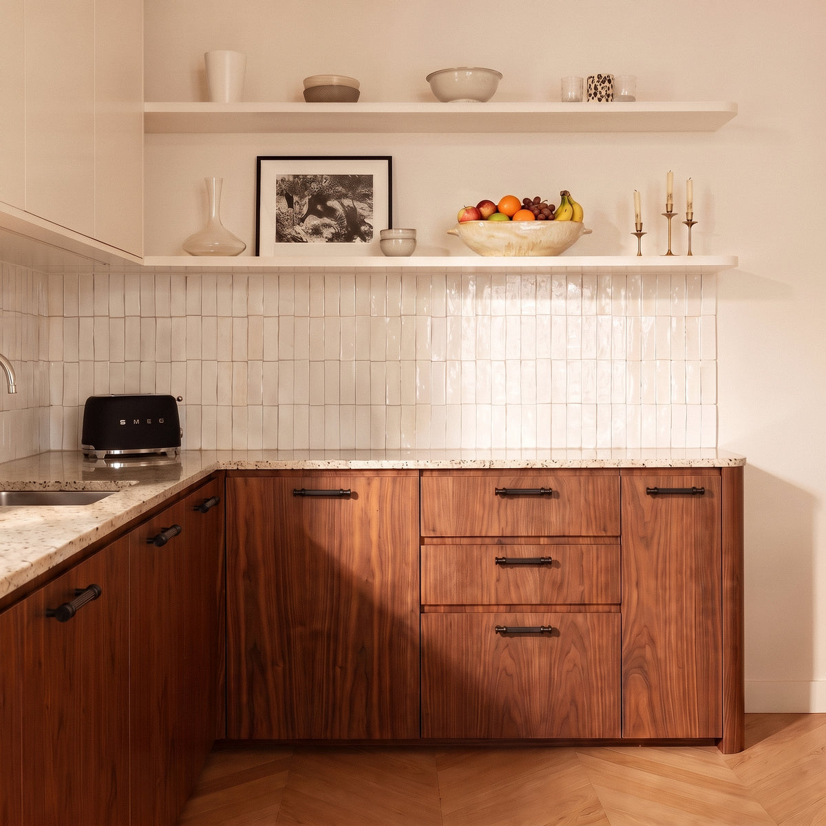 Vestige Cabinet Pull in Satin Brass, styled interior