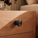 Vestige Cabinet Knob in Satin Brass, styled interior