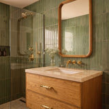 Vestige Cabinet Pull in Satin Brass, styled interior