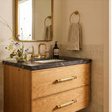 Vestige Cabinet Pull in Satin Brass, styled interior