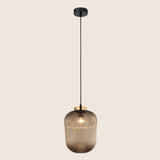 "Pendant light with smoke-colored glass and gold accents, perfect for adding sophistication to contemporary spaces."