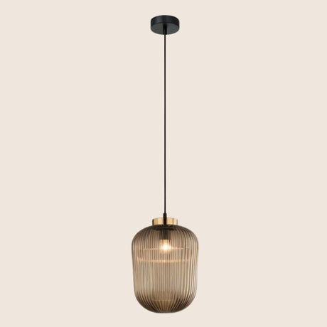 "Pendant light with smoke-colored glass and gold accents, perfect for adding sophistication to contemporary spaces."