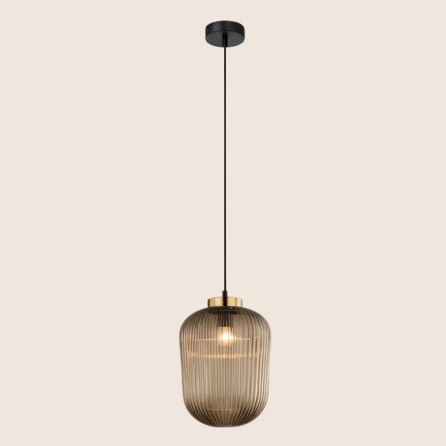 "Pendant light with smoke-colored glass and gold accents, perfect for adding sophistication to contemporary spaces."