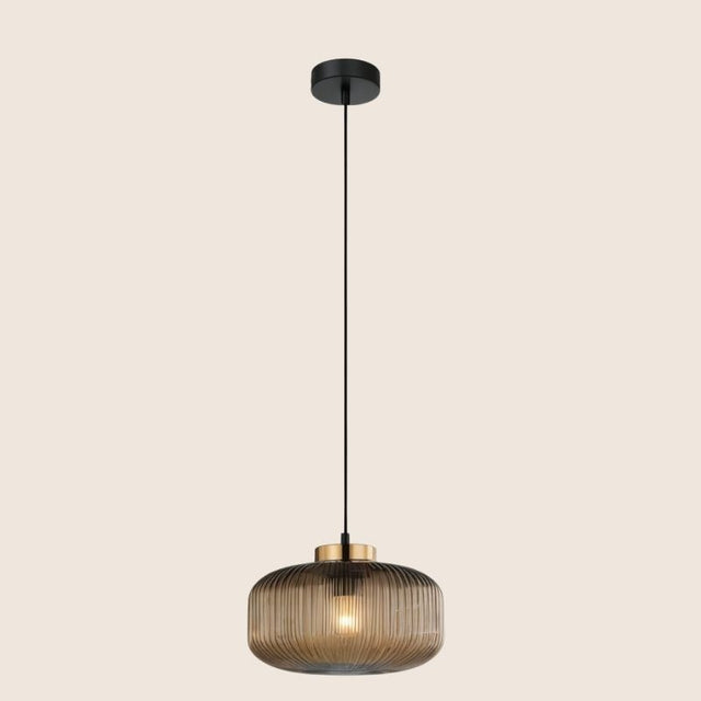 "Pendant light with smooky glass shade and elegant gold finish, providing a modern and sophisticated touch."