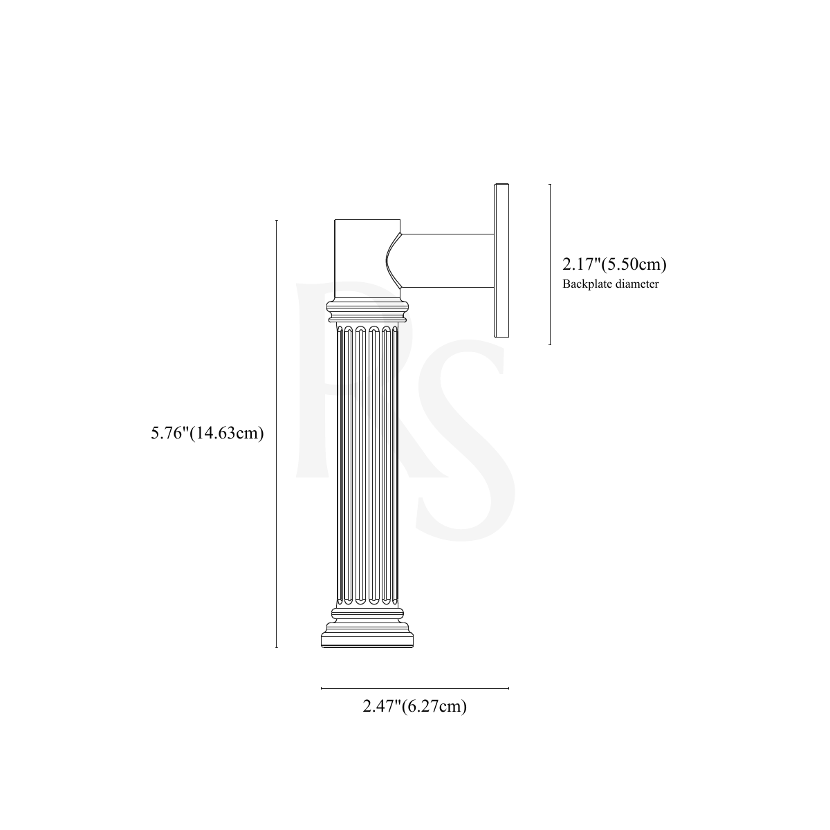 Vestige Door Handle line drawing with dimensions