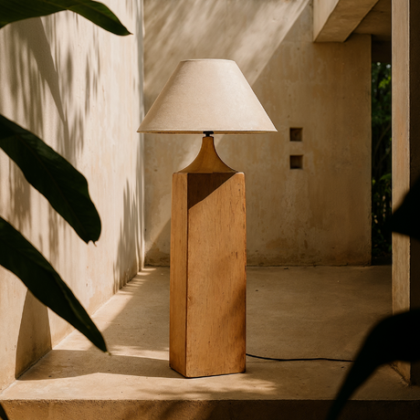 Wooden Zaran Floor Lamp with a beige fabric shade in a room with concrete walls and plants.