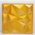 Yellow geometric wall panel featuring 3D triangular patterns, square shape, glossy finish, dimensions not specified.