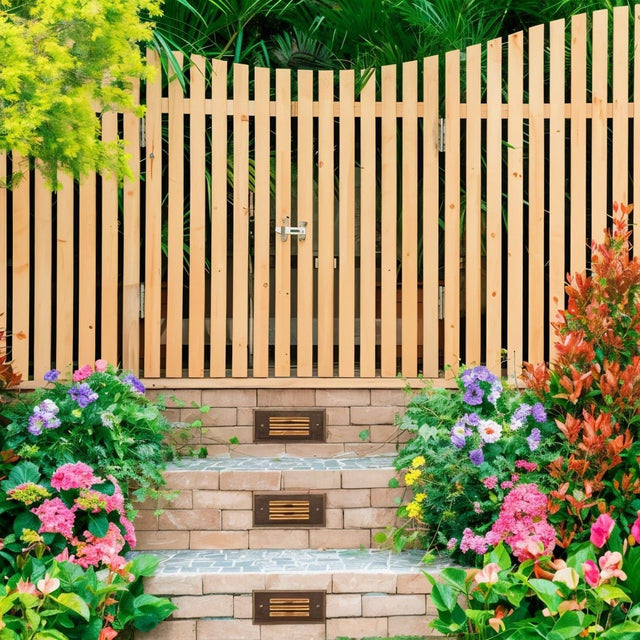 "Brass step lights installed along a garden pathway, enhancing visibility and safety, made from durable weather-resistant brass with a horizontal grille design"
