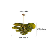 "A green Murano glass chandelier with layered petals, shown against a white background with dimension measurements."