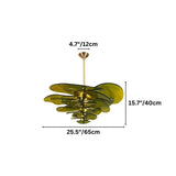 "A green Murano glass chandelier with layered petals, shown against a white background with dimension measurements."