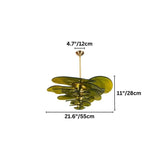 "A green Murano glass chandelier with layered petals, shown against a white background with dimension measurements."