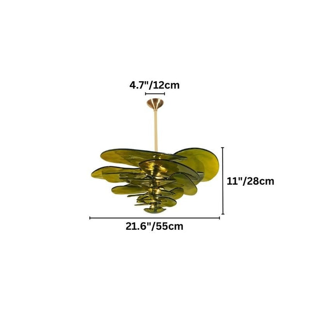 "A green Murano glass chandelier with layered petals, shown against a white background with dimension measurements."