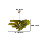 "A green Murano glass chandelier with layered petals, shown against a white background with dimension measurements."
