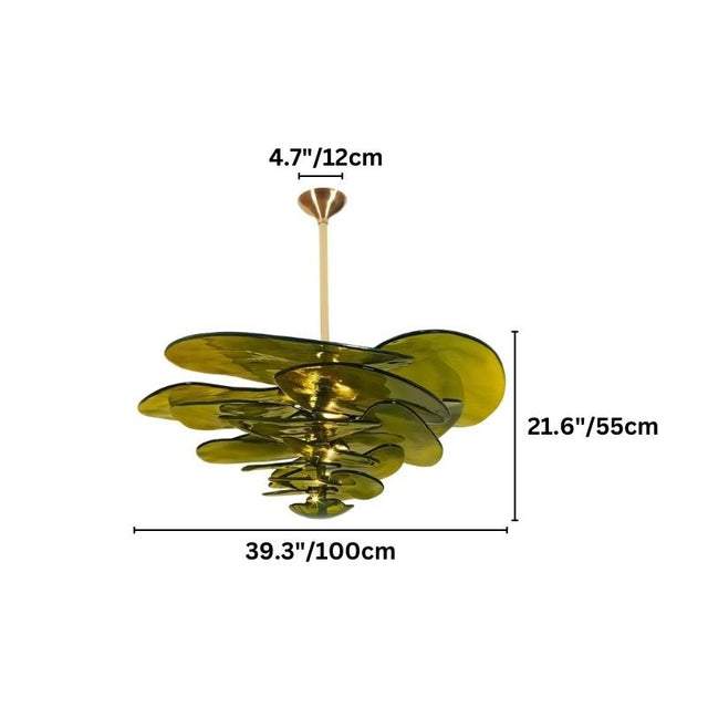 "A green Murano glass chandelier with layered petals, shown against a white background with dimension measurements."