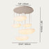 Aetheria chandelier light with five oval white shades, chrome finish, 7.8" diameter, 59" height, 23.6" width on white backgro