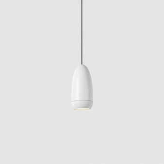 Ailis Pendant Light in white with a minimalist capsule shape, ideal for contemporary indoor spaces with integrated LED lighting.