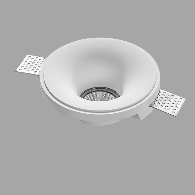"Close-up view of a trimless downlight featuring a gypsum and aluminum design with a sleek recessed light structure for seamless ceiling integration."