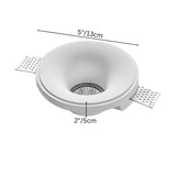 "Trimless downlight with gypsum and aluminum structure, showing its dimensions of 5 inches (13 cm) diameter and 2 inches (5 cm) depth for seamless ceiling integration."