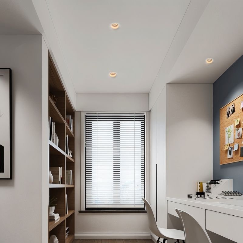 "Trimless downlight installed in a modern office space with seamless ceiling integration, crafted from gypsum and aluminum, providing optimal light distribution."