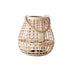 Woven lantern in a rounded, cage-like shape; natural finish; ideal for indoor or outdoor lighting decor.