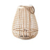 A beige, woven floor lantern with a teardrop shape, featuring a handle, ideal for indoor or outdoor use.