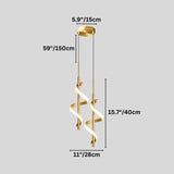 "Two gold pendant lights with a spiral design, shown against a gray background with dimension measurements."
