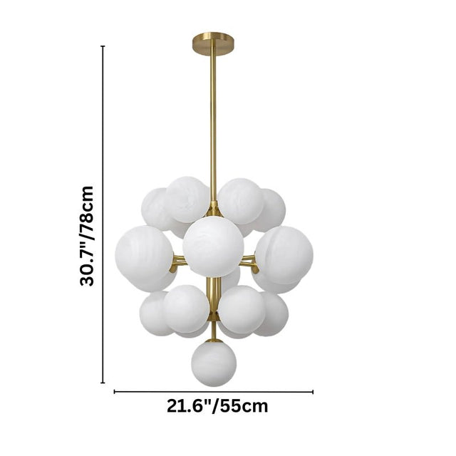 "Dimensions of a modern brass pendant chandelier with frosted glass globes: 30.7 inches in height and 21.6 inches in diameter."