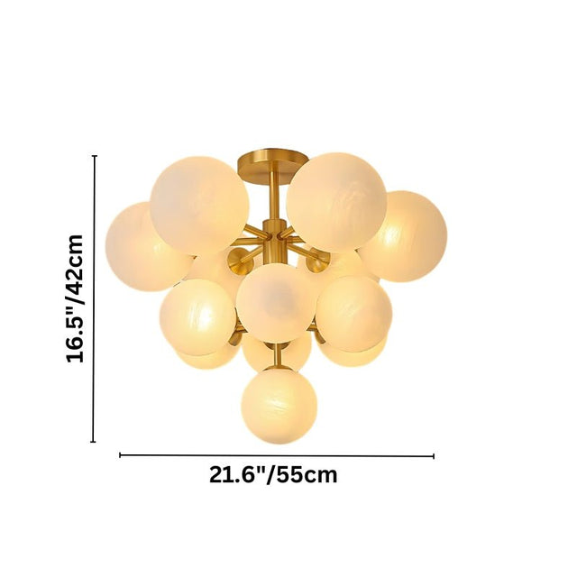 "Dimensions of a modern brass chandelier with frosted glass globes: 16.5 inches in height and 21.6 inches in diameter."