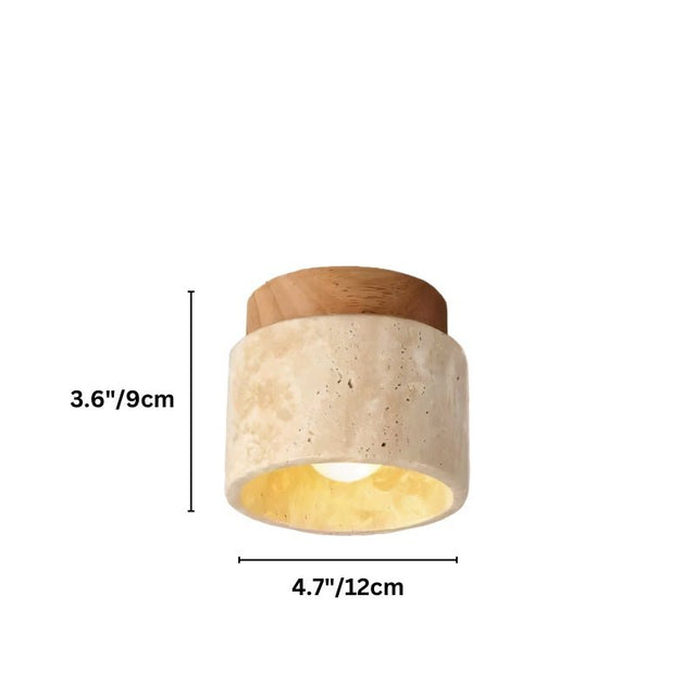 "Yellow travertine ceiling light with light wood base and dimensions labeled, 3.6 inches tall (9cm) and 4.7 inches wide (12cm), modern design."