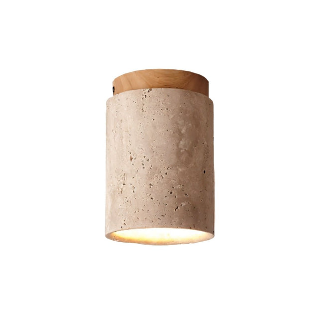 "Isolated cylindrical yellow travertine ceiling light with light wood base, modern design."