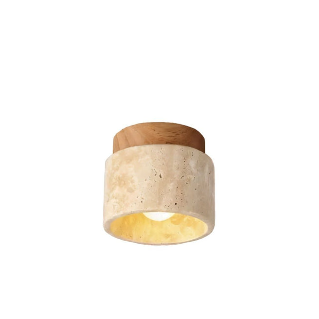 "Illuminated cylindrical yellow travertine ceiling light with light wood base, modern design."