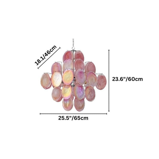 "A layered Murano glass disc chandelier with dimensions shown."