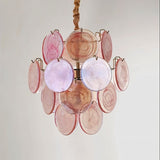 "A Murano glass disc chandelier with varied pink tones."