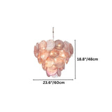 "A pink Murano glass disc chandelier with dimensions shown."