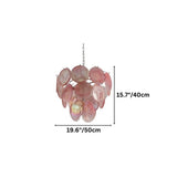 "A small pink Murano glass disc chandelier with dimensions shown."