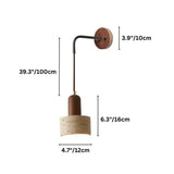 "Dimensions of a modern wall lamp with a cylindrical yellow travertine shade and a wooden mount: 39.3 inches in overall height, 6.3 inches in shade height, 4.7 inches in shade diameter, and 3.9 inches in mount diameter."