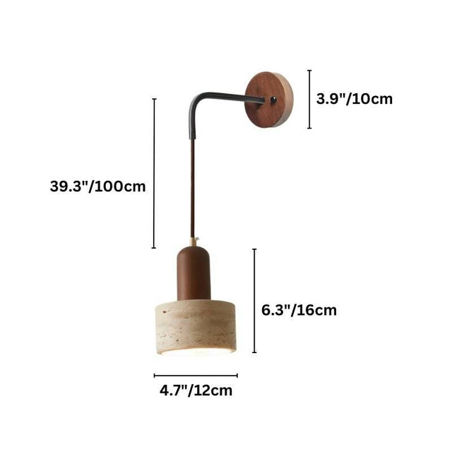 "Dimensions of a modern wall lamp with a cylindrical yellow travertine shade and a wooden mount: 39.3 inches in overall height, 6.3 inches in shade height, 4.7 inches in shade diameter, and 3.9 inches in mount diameter."