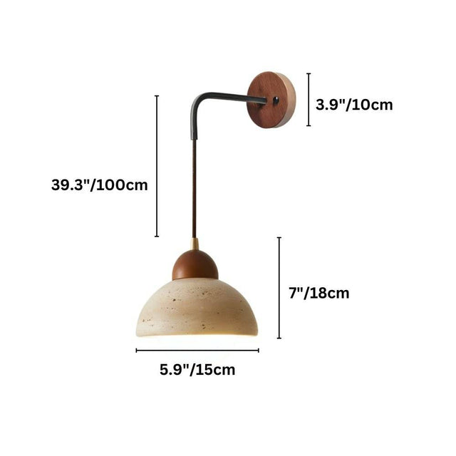 "Dimensions of a modern wall lamp with a dome-shaped yellow travertine shade and a wooden mount: 39.3 inches in overall height, 7 inches in shade height, 5.9 inches in shade diameter, and 3.9 inches in mount diameter."