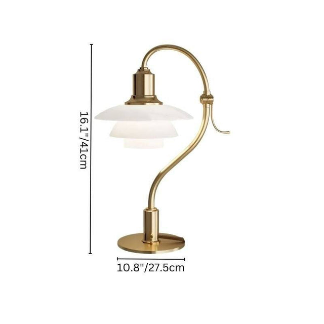 "Alya Table Lamp showing dimensions: height 16.1" (41 cm), width 10.8" (27.5 cm), with a curved metallic arm, frosted glass shades, and a brass base."