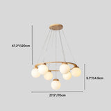 "Circular wood frame Alyn chandelier with dimensions showing 47.2 inches/120 cm height, 27.5 inches/70 cm diameter, and 5.7 inches/14.5 cm globe diameter."