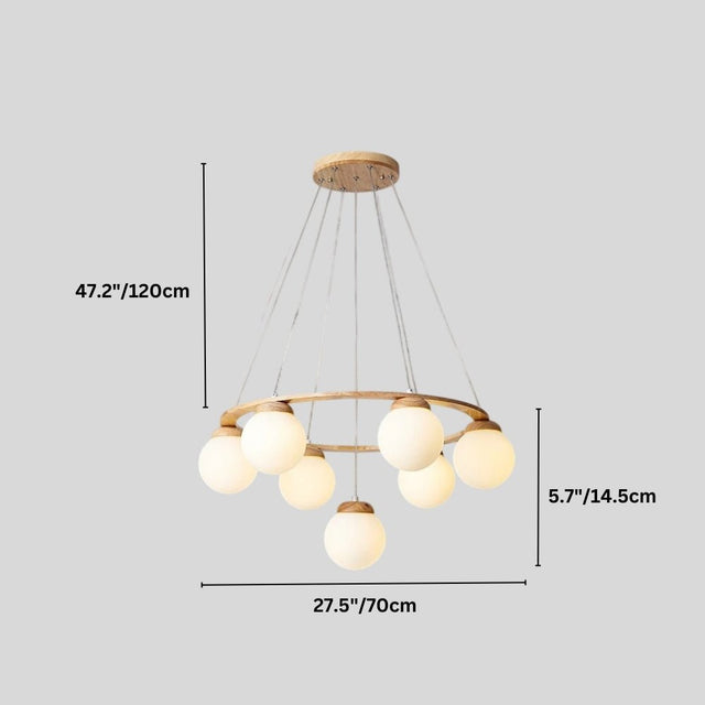 "Circular wood frame Alyn chandelier with dimensions showing 47.2 inches/120 cm height, 27.5 inches/70 cm diameter, and 5.7 inches/14.5 cm globe diameter."
