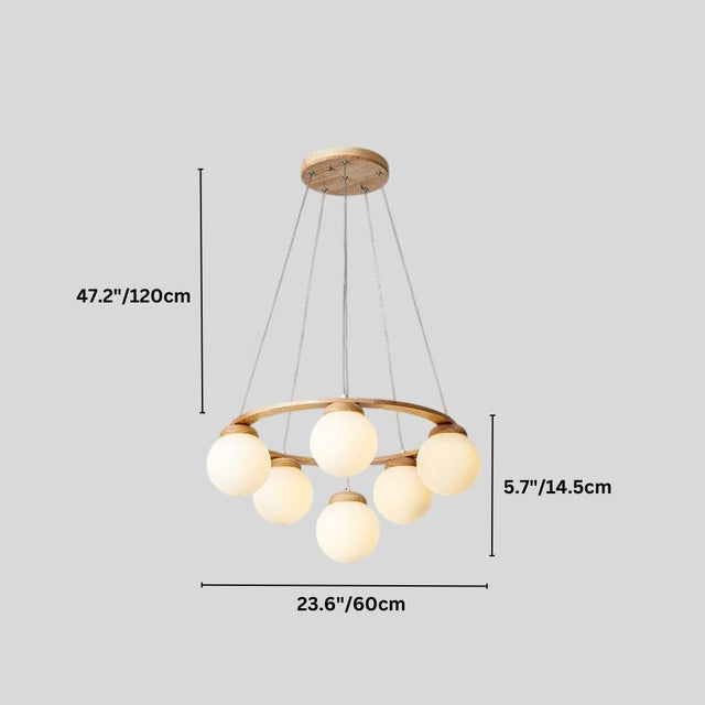 "Circular wood frame Alyn chandelier with dimensions showing 47.2 inches/120 cm height, 23.6 inches/60 cm diameter, and 5.7 inches/14.5 cm globe diameter."