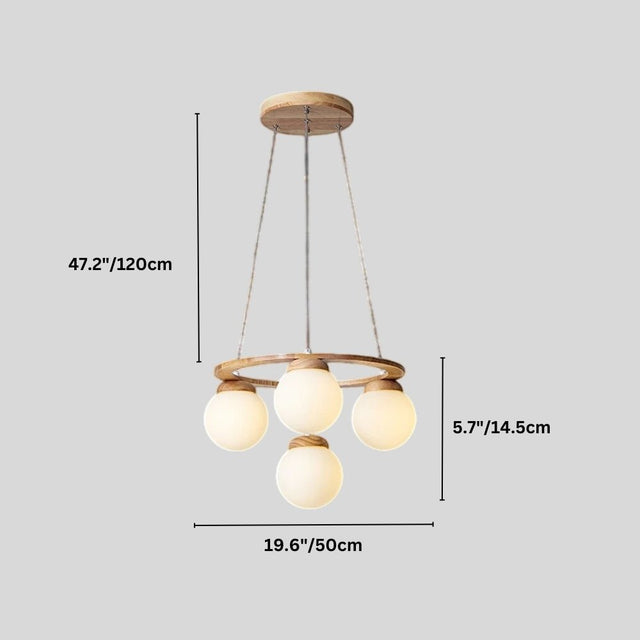 "Circular wood frame Alyn chandelier with four lights and dimensions showing 47.2 inches/120 cm height, 19.6 inches/50 cm diameter, and 5.7 inches/14.5 cm globe diameter."