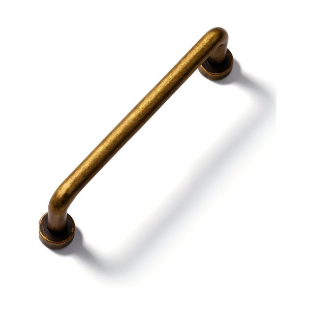 "A minimalist antique brass pull bar handle, made of durable zinc with a slim, cylindrical design and rounded ends, suitable for cupboards, cabinets, drawers, and wardrobes."