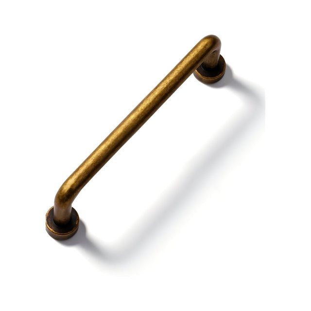 "A minimalist antique brass pull bar handle made of durable zinc with a slim, cylindrical design and rounded ends, suitable for cupboards, cabinets, drawers, and wardrobes."
