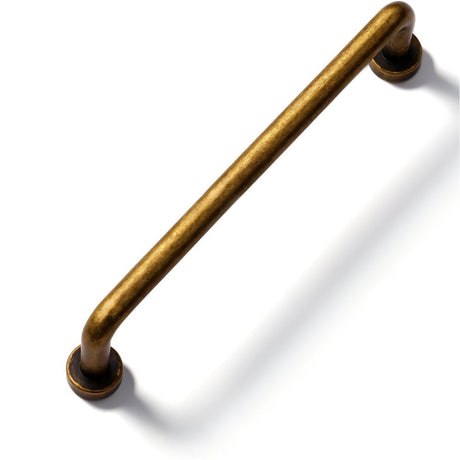 "A minimalist antique brass pull bar handle made of durable zinc with a slim, cylindrical design and rounded ends, suitable for cupboards, cabinets, drawers, and wardrobes."